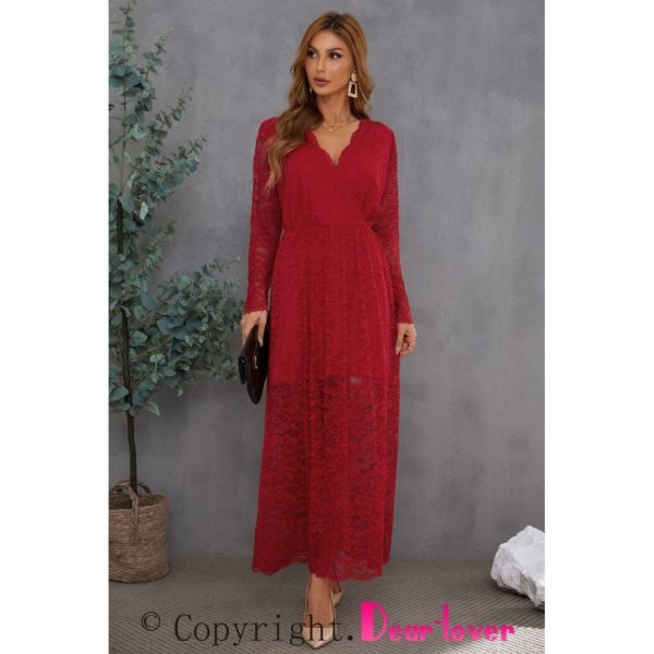 Red Long Sleeve V Neck Lace Maxi Dress with Split