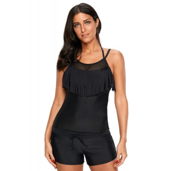 Black Fringe Bust Tankini Top