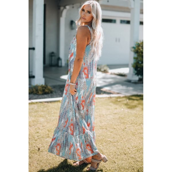 Sky Blue Western Pattern Print Spaghetti Strap Shift Maxi Dress