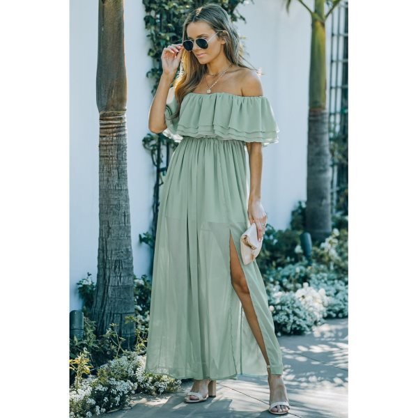 Off-the-shoulder Ruffled Maxi Dress with Split