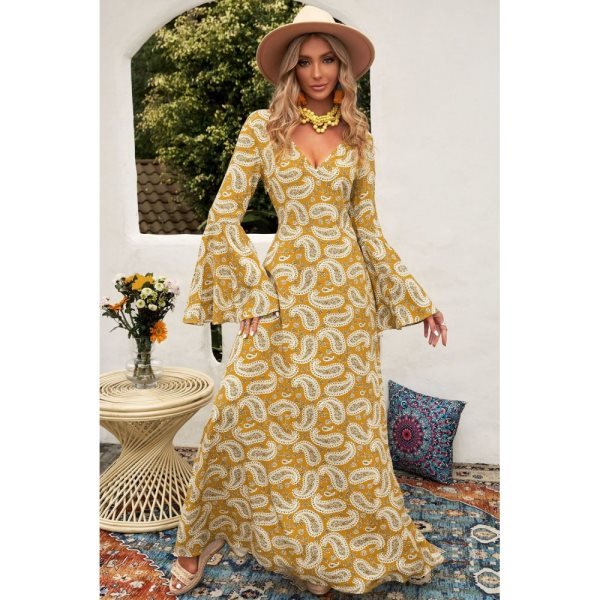 Yellow Bohemian V Neck Bell Sleeves Paisley Print Maxi Dress