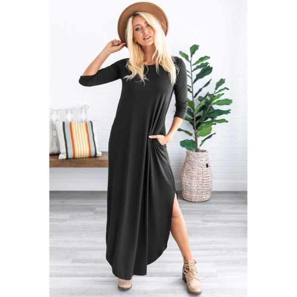 Black Pocketed Cotton Dress with Slit