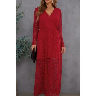 Red Long Sleeve V Neck Lace Maxi Dress with Split