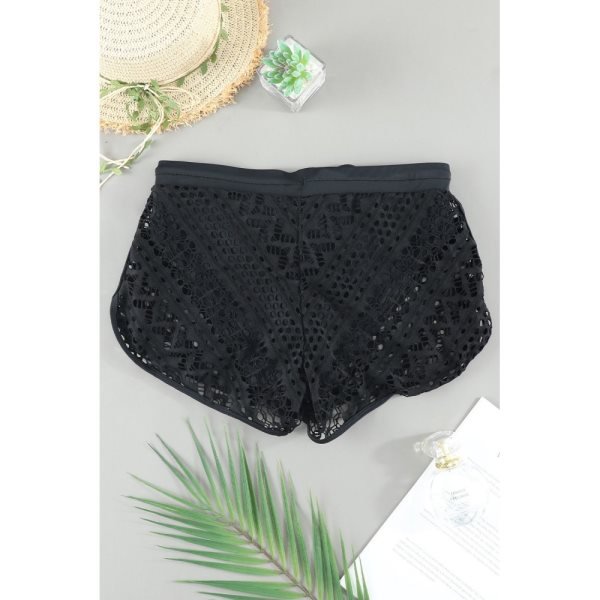 Black Hollow Out Lace Overlay Swim Short Bottom