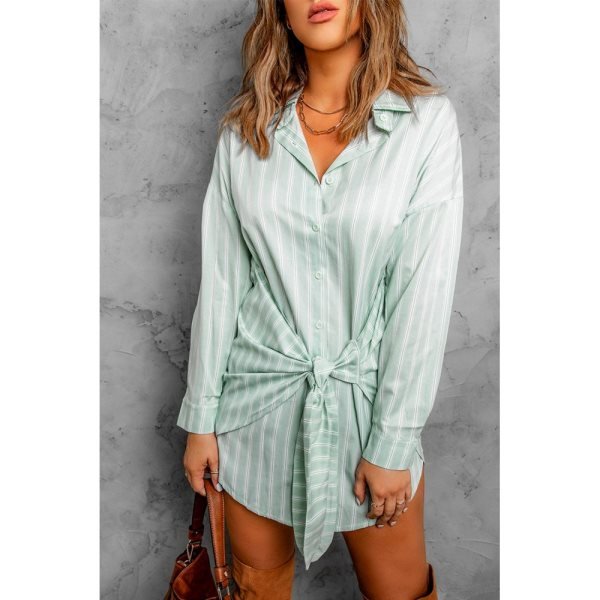 Striped Tie Front Button Shirt Tunic Dress