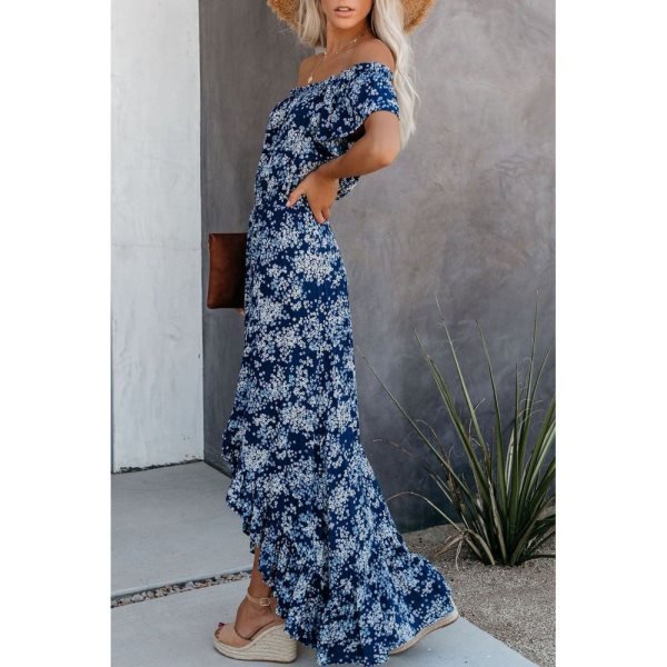 Blue Off The Shoulder High Low Maxi Dress