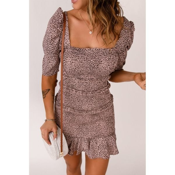 Square Neck Leopard Ruffled Hem Mini Dress