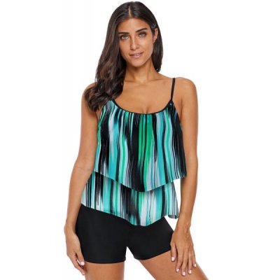 Green Printed Spaghetti Strap Layered Tankini Top