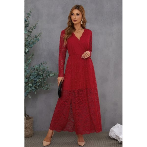 Red Long Sleeve V Neck Lace Maxi Dress with Split