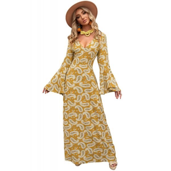 Yellow Bohemian V Neck Bell Sleeves Paisley Print Maxi Dress