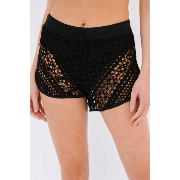 Black Hollow Out Lace Overlay Swim Short Bottom