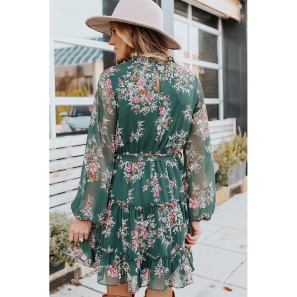 Mock Neck Tie Waist Floral Dress