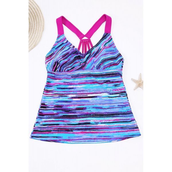 Blue Fuzzy Stripes Strappy Back Tankini Top