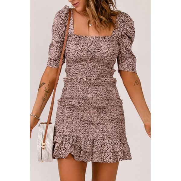 Square Neck Leopard Ruffled Hem Mini Dress