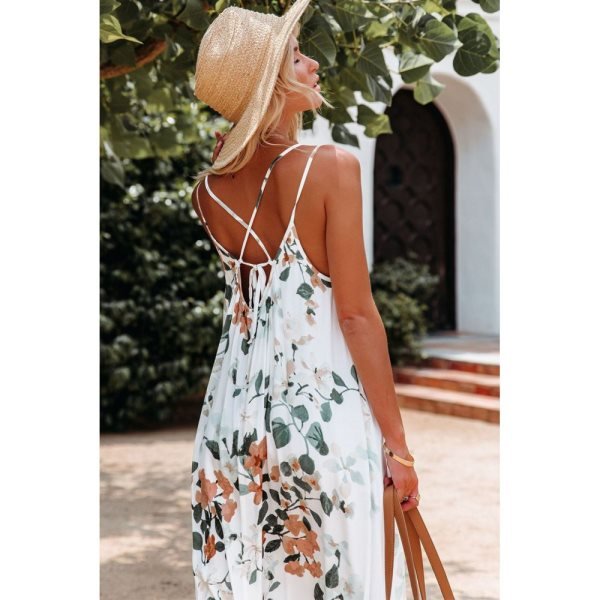 White Floral Print Spaghetti Straps Maxi Dress