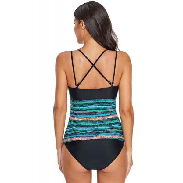 Green Tribal Geometry Tankini Swim Top