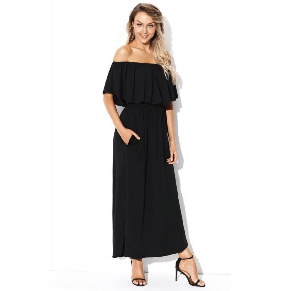 Black Flounce Off Shoulder Maxi Jersey Dress