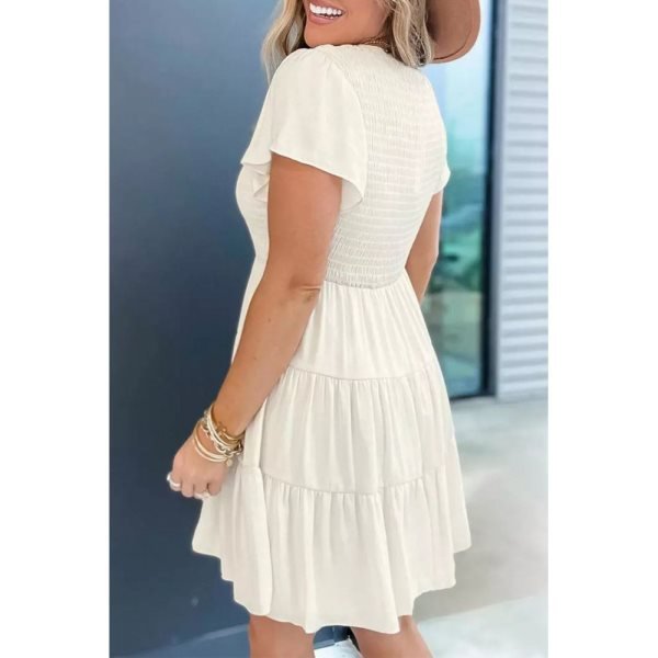 Beige Solid Smocked Short Sleeve V Neck Mini Dress