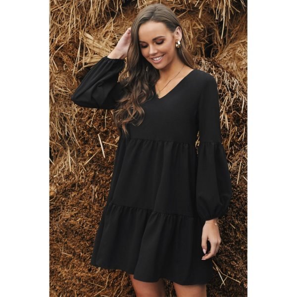 Black Ruffle V-Neck Flowy Loose Tunic Dress