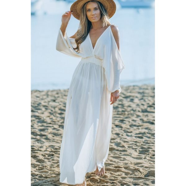 White Cold Shoulder Side Slit Deep V Neck Maxi Dress