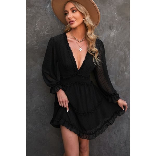 Black Layered Ruffled Open Back Puff Sleeve Swiss Dot Mini Dress