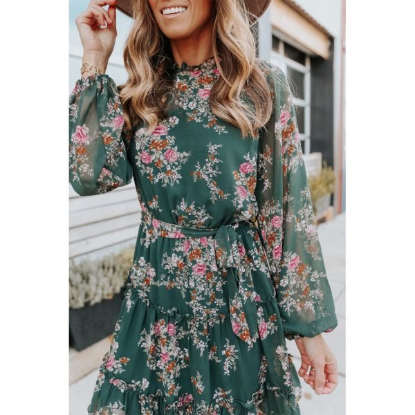 Mock Neck Tie Waist Floral Dress