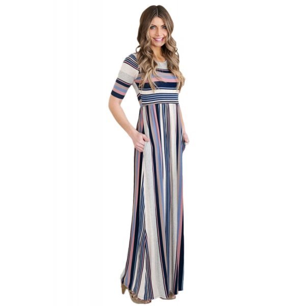 Muted Multicolor Striped Half Sleeve Casual Maxi Dress