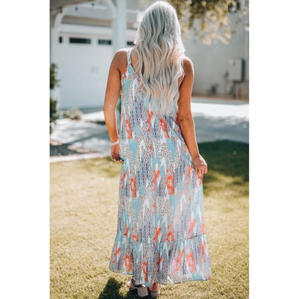 Sky Blue Western Pattern Print Spaghetti Strap Shift Maxi Dress