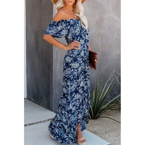 Blue Off The Shoulder High Low Maxi Dress