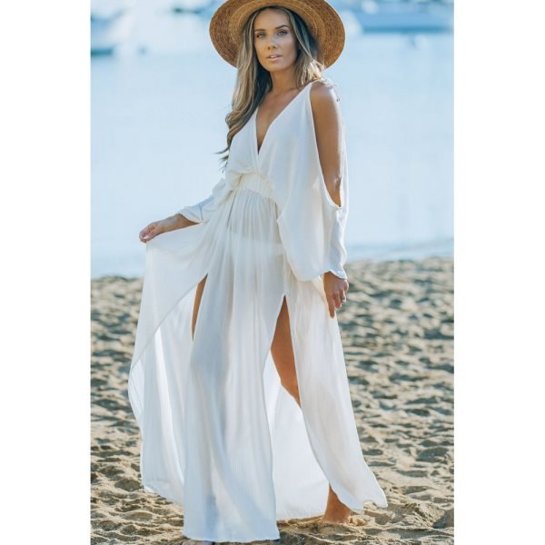 White Cold Shoulder Side Slit Deep V Neck Maxi Dress