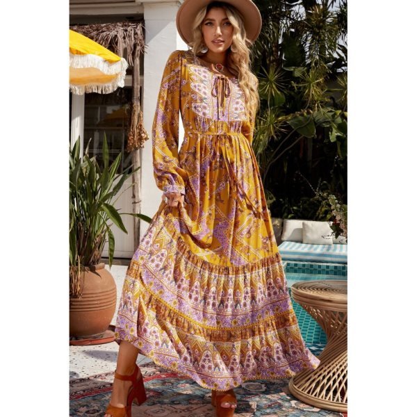 Boho Floral Print Drawstring Ruffled Long Sleeve Maxi Dress