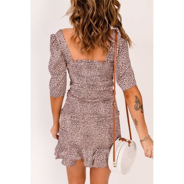 Square Neck Leopard Ruffled Hem Mini Dress