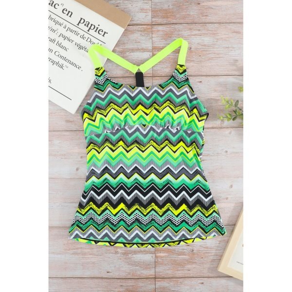 Green Yellow Zigzag Print Y Back Tankini Top