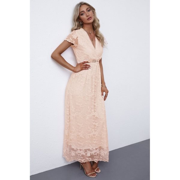 Pink V Neck Lace Maxi Dress