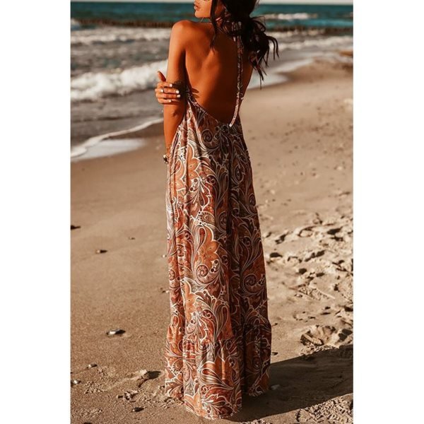 Sexy Halterneck Vintage Floral Print Backles Maxi Dress