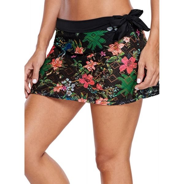 Black Floral Print Lacy Swim Skirt