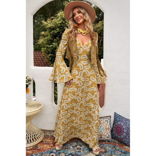 Yellow Bohemian V Neck Bell Sleeves Paisley Print Maxi Dress