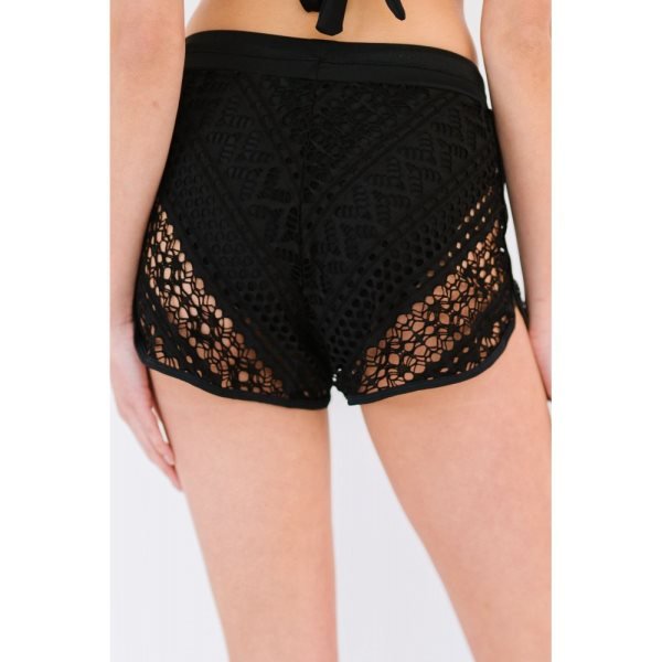 Black Hollow Out Lace Overlay Swim Short Bottom