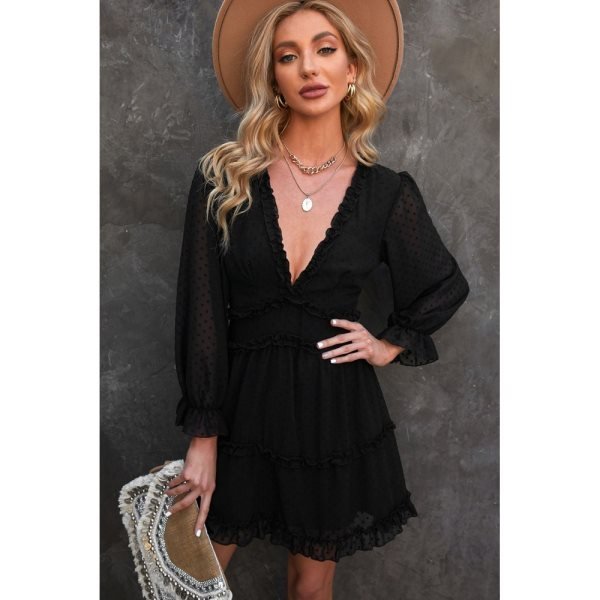 Black Layered Ruffled Open Back Puff Sleeve Swiss Dot Mini Dress