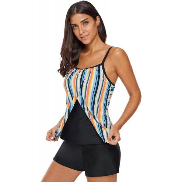 Rainbow Striped Split Overlay Tankini Swim Top