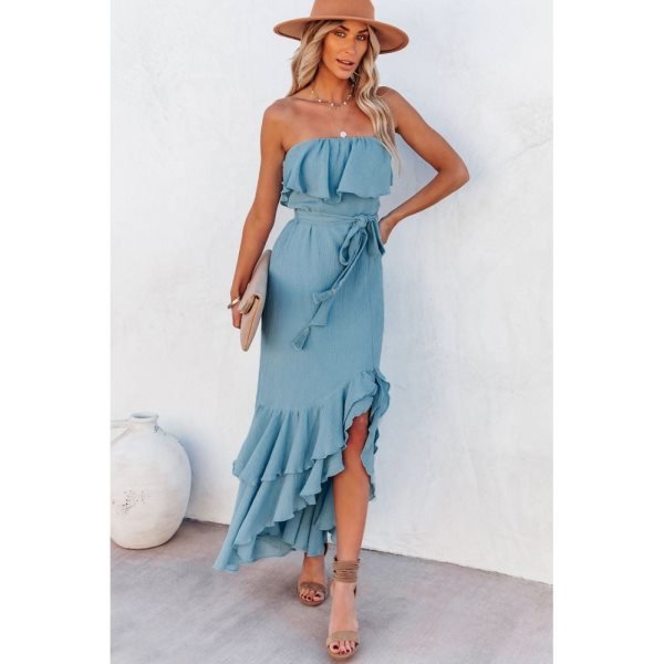 Sky Blue Off Shoulder Ruffled High Low Drawstring High Waist Maxi Dress