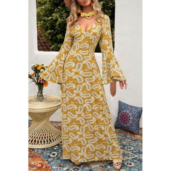 Yellow Bohemian V Neck Bell Sleeves Paisley Print Maxi Dress