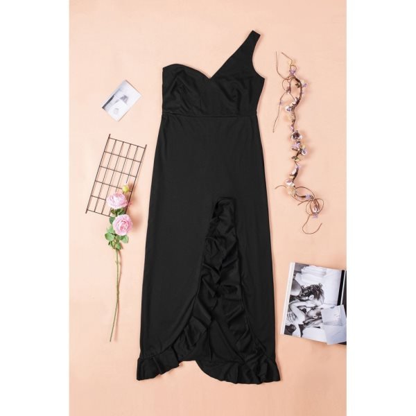 Black One-shoulder Cascading Split Evening Party Maxi Dress