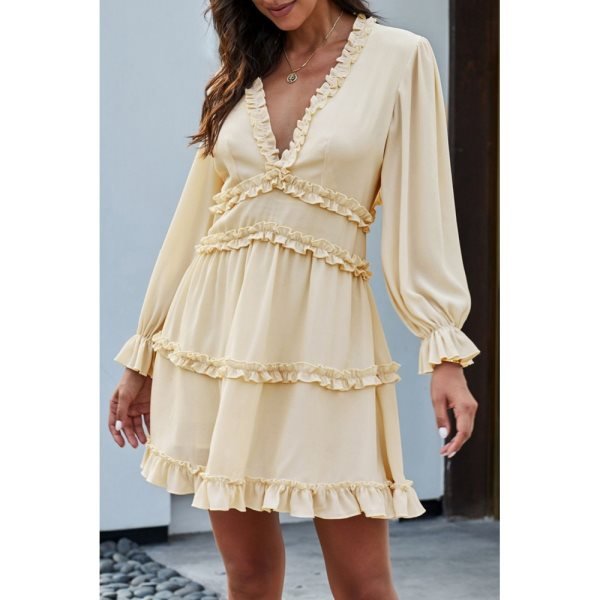 Beige V Neck Ruffle Detailing Open Back Dress