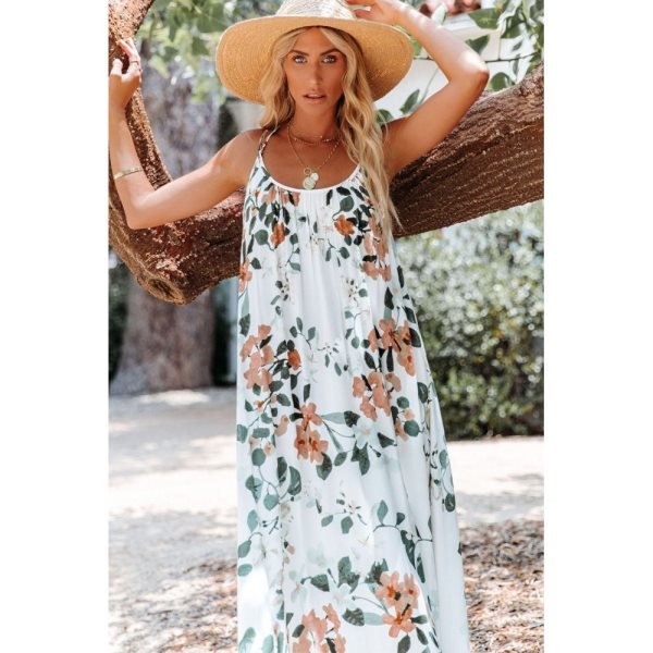 White Floral Print Spaghetti Straps Maxi Dress