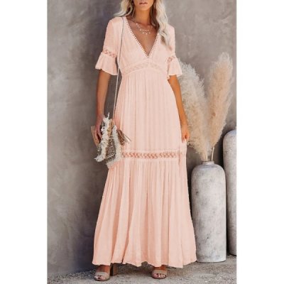 Swiss Dot Lace Trim Maxi Dress