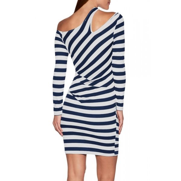 Navy Striped Asymmetric Shoulder Cutout Mini Dress