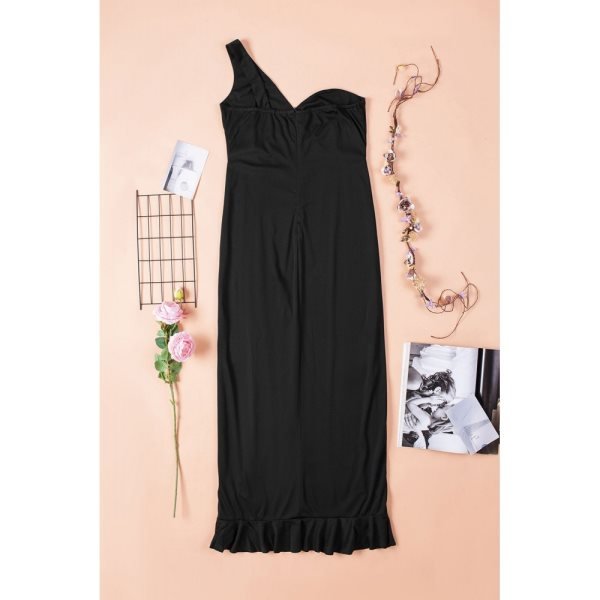 Black One-shoulder Cascading Split Evening Party Maxi Dress