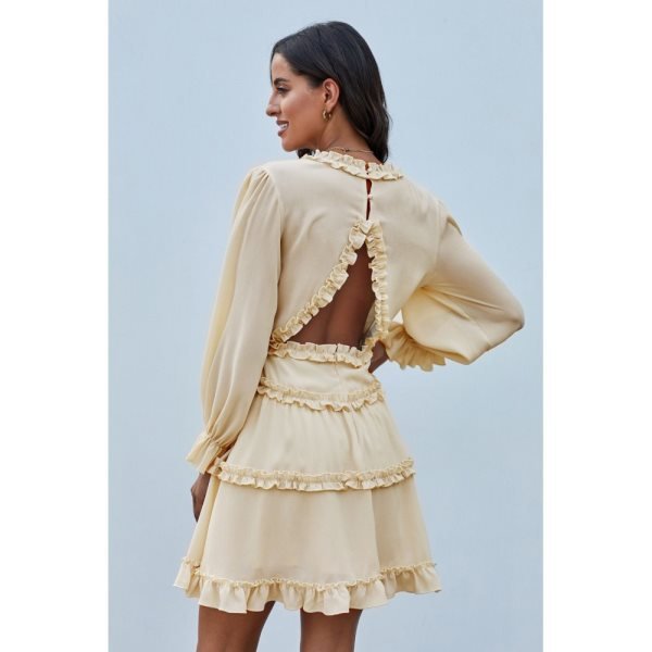 Beige V Neck Ruffle Detailing Open Back Dress