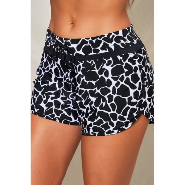 Black Patter Print Drawstring High Waist Swimming Shorts